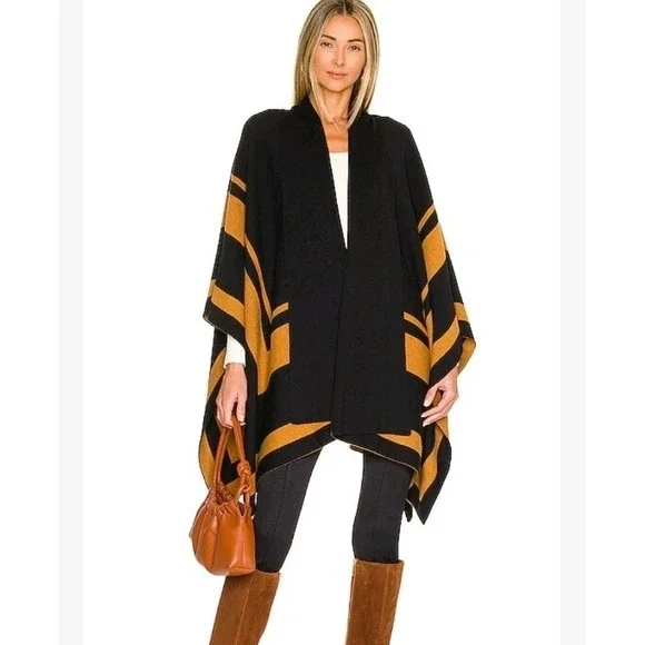 L'Agence Jake Sweater Cape XS S Black Camel Wool Stripe Poncho Quiet Luxury Wrap - Picture 1 of 10